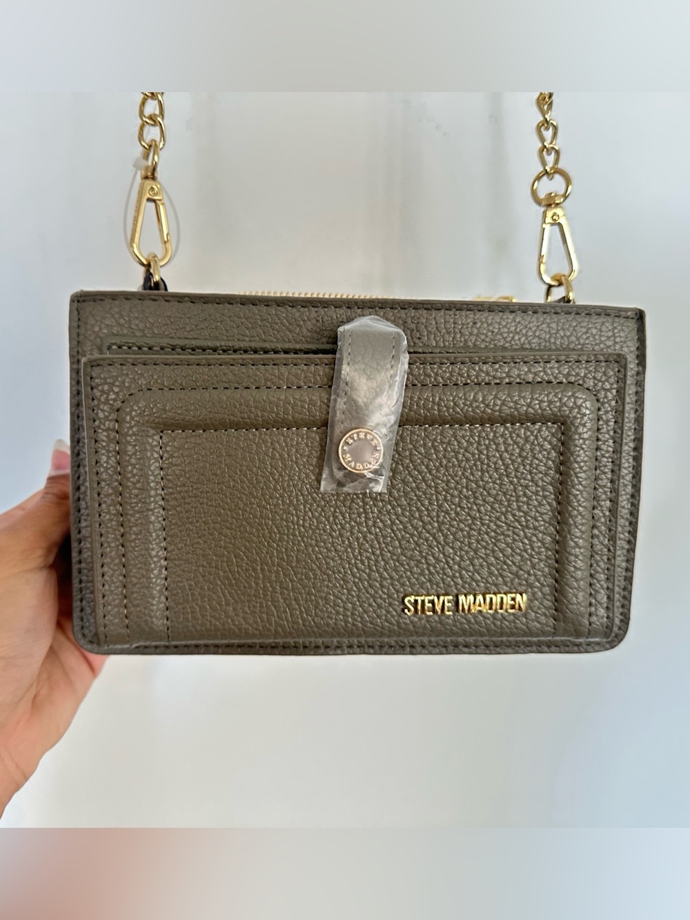 Steve Madden Olive-Tone Pebbled Leather Chain Strap Crossbody